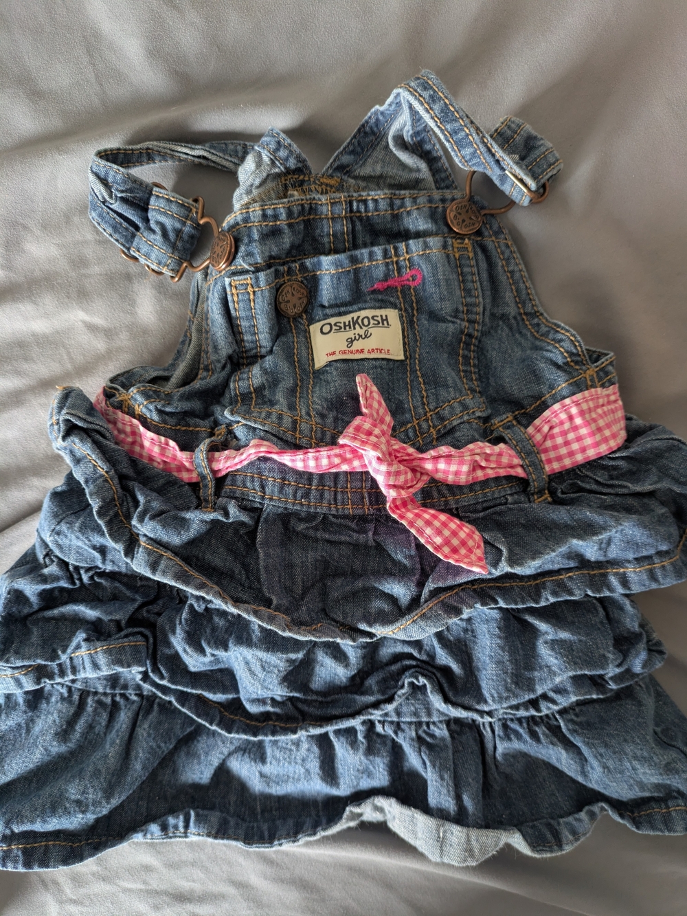 OshKosh B'gosh Blue Denim Ruffle Overall Dress with Pink Gingham Tie